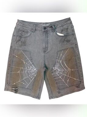 Sz 32 kilogram Spiderweb Graphic Gray Men's Denim Shorts